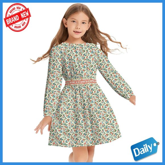Girls Floral Smocked Waist Midi Dress with Pockets Soft Viscose